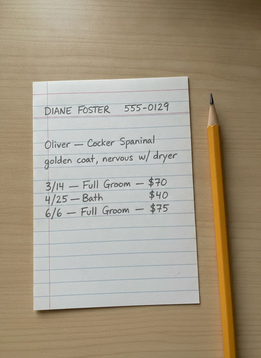 Photographed pencil-written client index card with pet details and three past visits