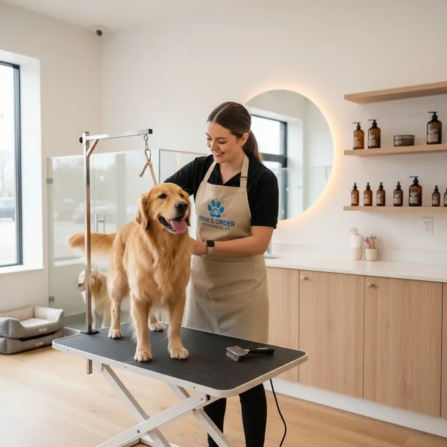 Salon groomer styling a golden retriever on a grooming table