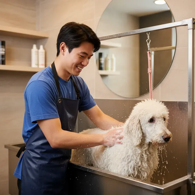 Male groomer bathing a standard poodle in a professional tub