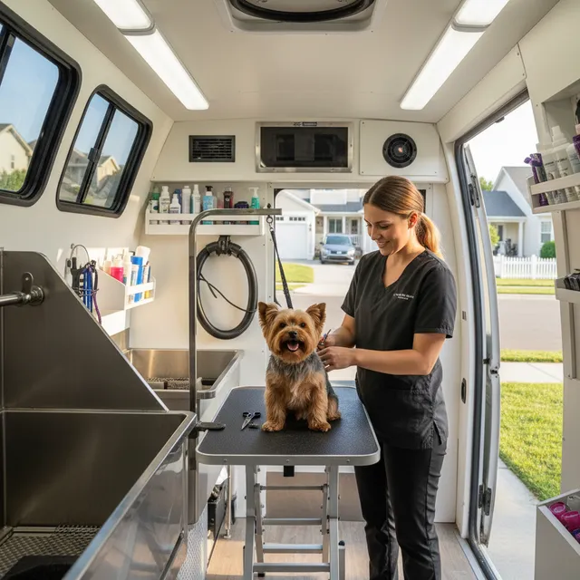 Mobile groomer working with a Yorkshire Terrier in a grooming van