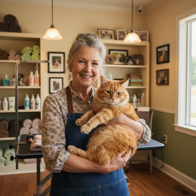 Pet groomer gently brushing a fluffy orange cat