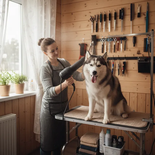 Solo groomer blow-drying a Siberian Husky after a bath
