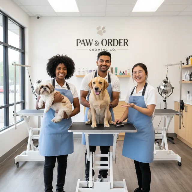 Team of professional groomers working in a busy salon