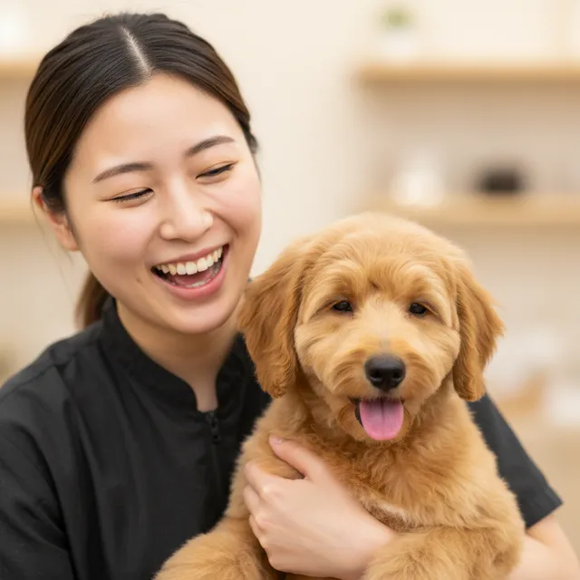Groomer trimming a Goldendoodle puppy with scissors