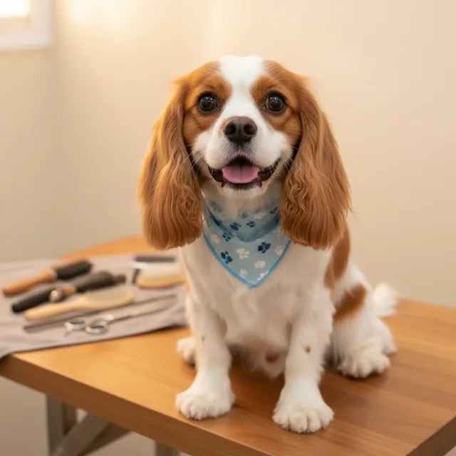 Cavalier King Charles Spaniel wearing a bandana after grooming