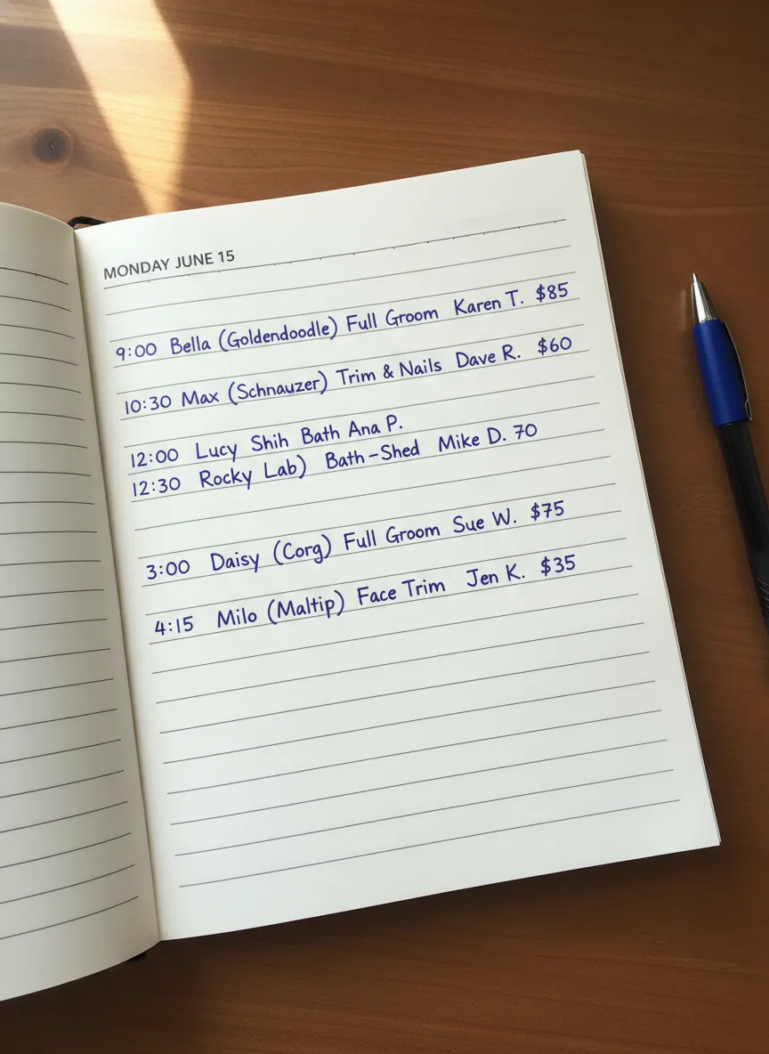 Photographed appointment-book day page handwritten in neat blue cursive with six appointments