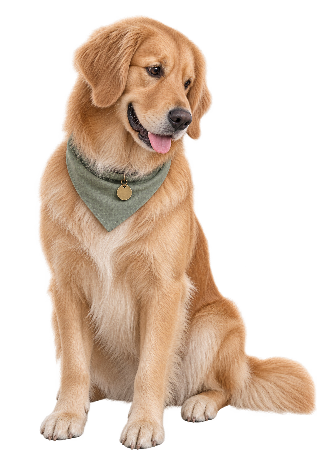 A lifelike golden retriever in a sage green bandana, looking fondly at the spaniel